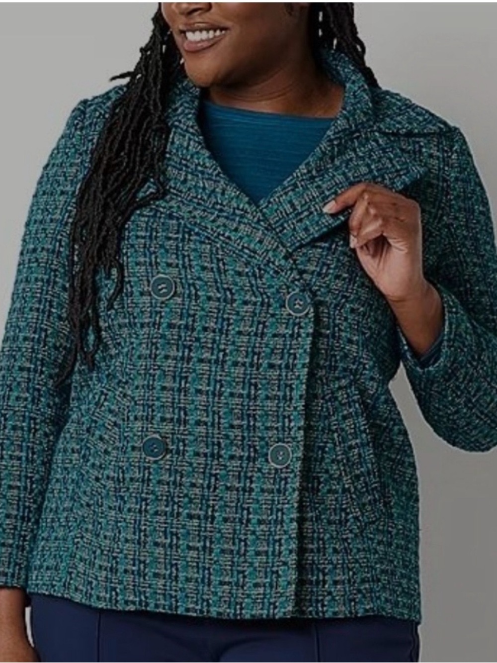 Liz Claiborne Teal & Navy Tweed Double-Breasted Jacket